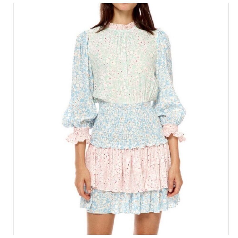 Stellah $225 Floral Smocked Flounce Mini Dress Blue Pink Multi Large NEW